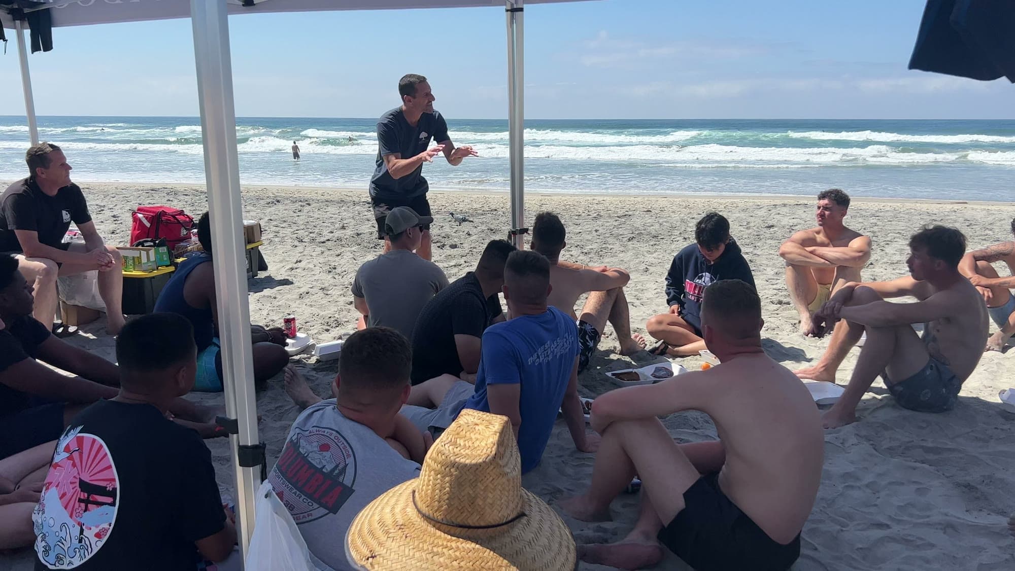 Teaching circle on the sand, ocean behind